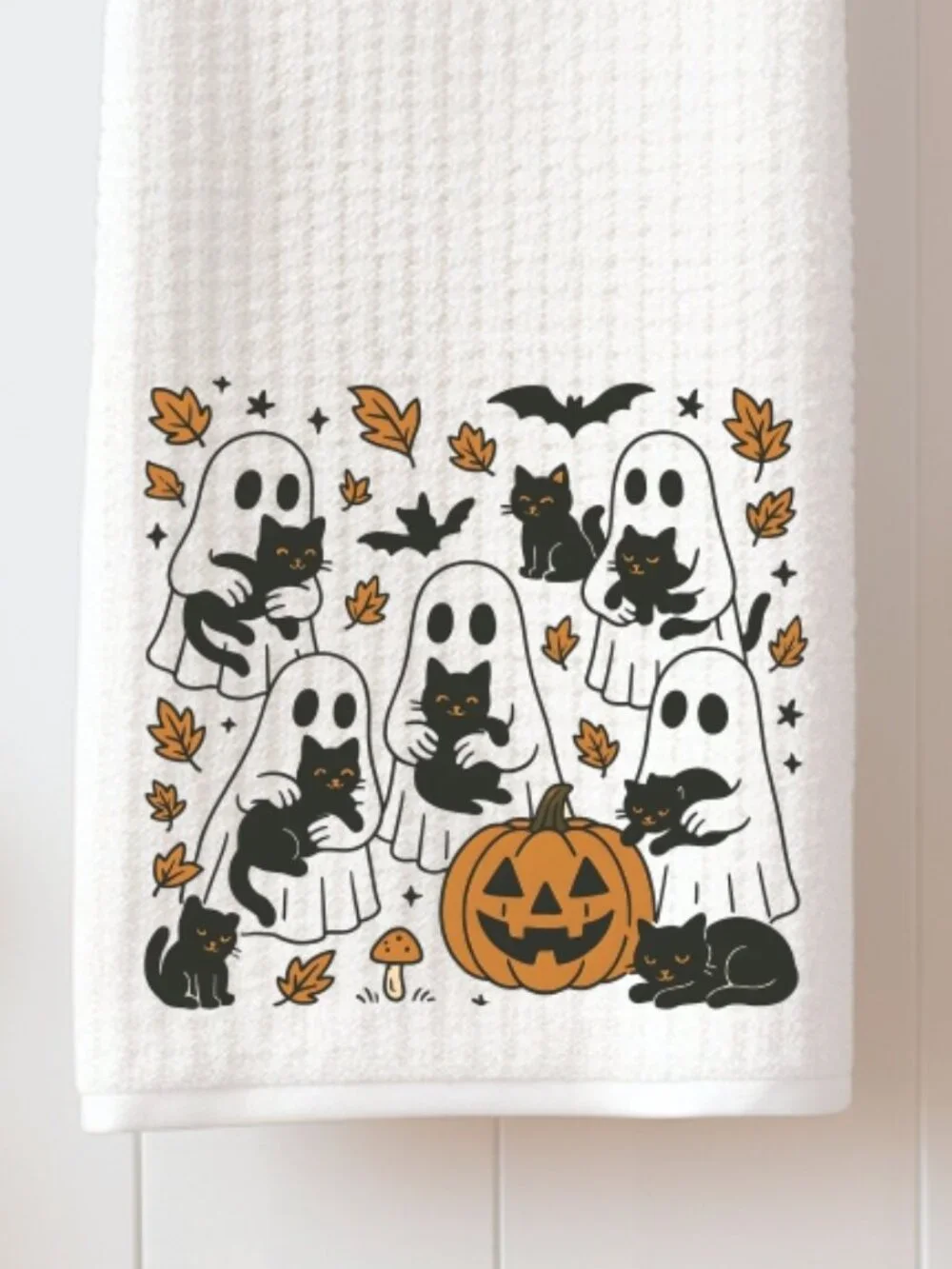 Adorable Ghosts With Cats Halloween Decorative Kitchen Tea Towel